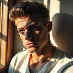 A handsome young man with a detailed face and expressive features, casting shadows on his face from a nearby window