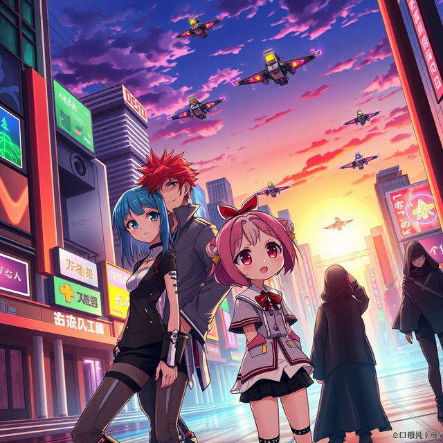 A vibrant anime scene featuring a futuristic cityscape at sunset, with colorful neon lights illuminating the streets