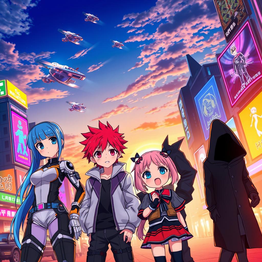 A vibrant anime scene featuring a futuristic cityscape at sunset, with colorful neon lights illuminating the streets