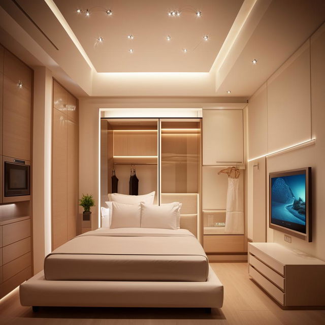 A modern hi-tech 21 square meter (3.5m x 6m) bedroom ideal for a married couple. The design should incorporate advanced technology features.