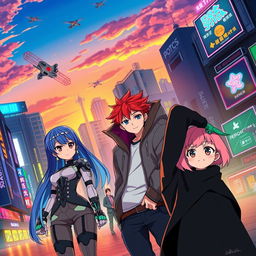 A vibrant anime scene featuring a futuristic cityscape at sunset, with colorful neon lights illuminating the streets