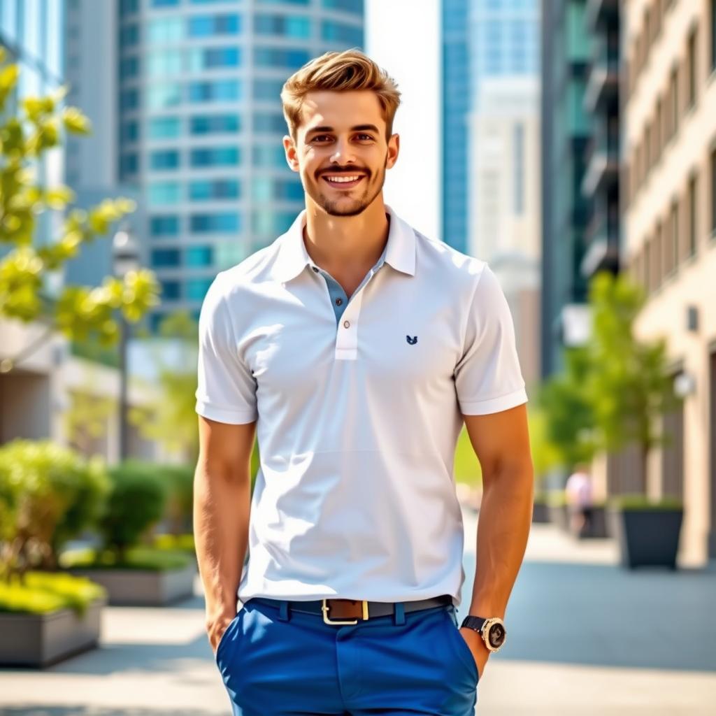 A stylish man standing in an urban setting, wearing a crisp white polo shirt and tailored blue slacks