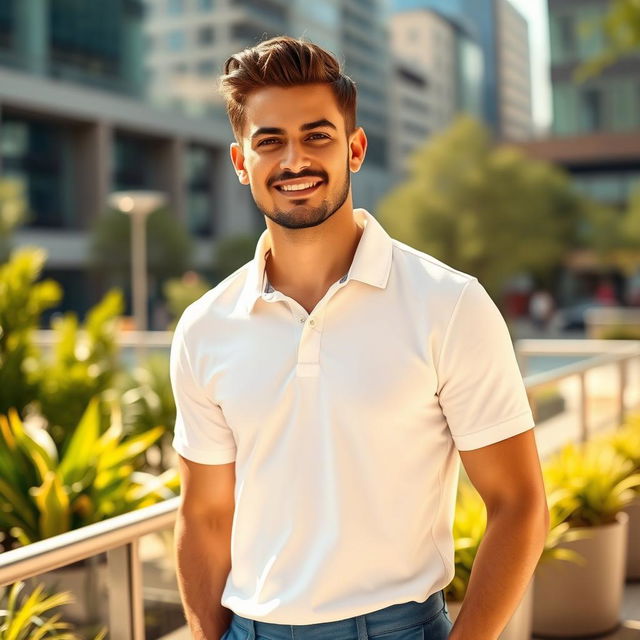 A stylish man standing in an urban setting, wearing a crisp white polo shirt and tailored blue slacks