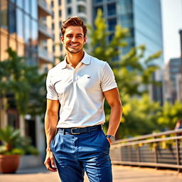A stylish man standing in an urban setting, wearing a crisp white polo shirt and tailored blue slacks