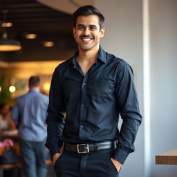 A tall, slim Indian man, with fair skin and a clean-shaven face, dressed in a simple black shirt and black pants