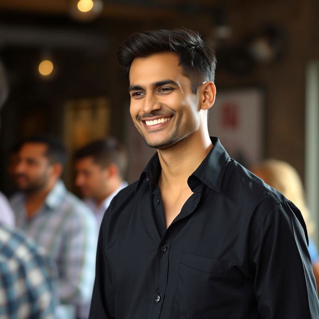 A tall, slim Indian man, with fair skin and a clean-shaven face, dressed in a simple black shirt and black pants
