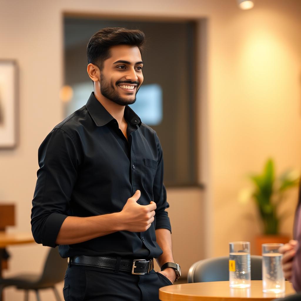 A tall, slim Indian man, with fair skin and a clean-shaven face, dressed in a simple black shirt and black pants