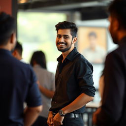 A tall, slim Indian man, with fair skin and a clean-shaven face, dressed in a simple black shirt and black pants