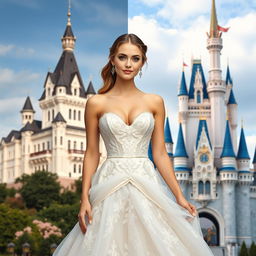 A beautiful princess standing gracefully in the middle of a split image, with Neuschwanstein Castle on one side and a Disney-style castle on the other