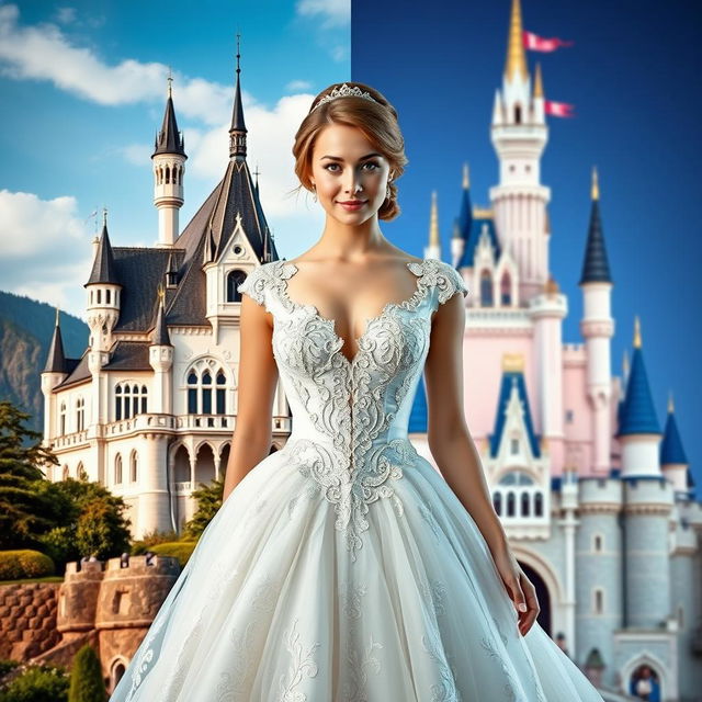 A beautiful princess standing gracefully in the middle of a split image, with Neuschwanstein Castle on one side and a Disney-style castle on the other