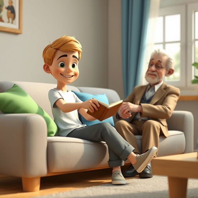 A cozy 3D animated scene featuring a 10-year-old boy named Omid sitting on a light gray couch adorned with colorful cushions in shades of green and blue