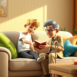 A cozy 3D animated scene featuring a 10-year-old boy named Omid sitting on a light gray couch adorned with colorful cushions in shades of green and blue