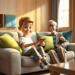 A cozy 3D animated scene featuring a 10-year-old boy named Omid sitting on a light gray couch adorned with colorful cushions in shades of green and blue