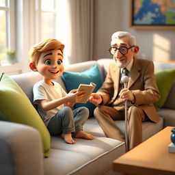A cozy 3D animated scene featuring a 10-year-old boy named Omid sitting on a light gray couch adorned with colorful cushions in shades of green and blue