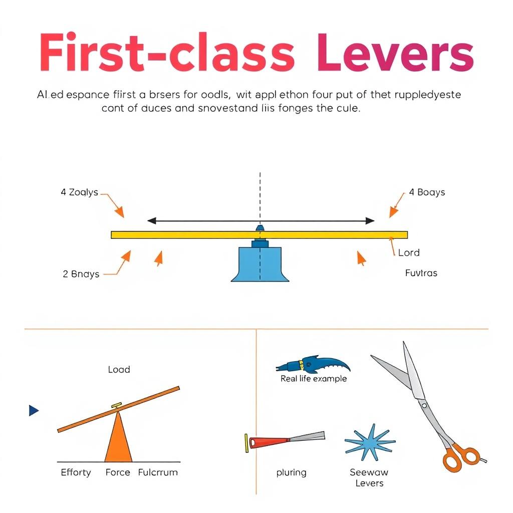 An educational diagram illustrating first-class levers, featuring a clear and detailed depiction of a lever system in action