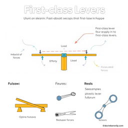 An educational diagram illustrating first-class levers, featuring a clear and detailed depiction of a lever system in action
