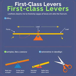 An educational diagram illustrating first-class levers, featuring a clear and detailed depiction of a lever system in action
