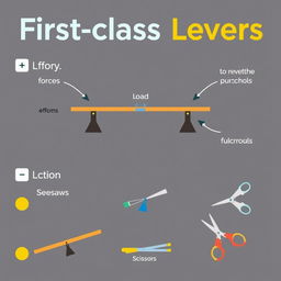 An educational diagram illustrating first-class levers, featuring a clear and detailed depiction of a lever system in action