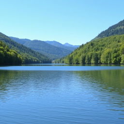 A serene landscape featuring a peaceful lake surrounded by lush green trees and mountains in the background, with a clear blue sky overhead