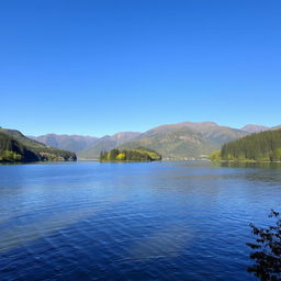 A serene landscape featuring a peaceful lake surrounded by lush green trees and mountains in the background, with a clear blue sky overhead
