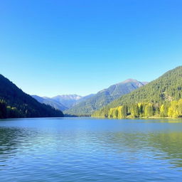 A serene landscape featuring a peaceful lake surrounded by lush green trees and mountains in the background, with a clear blue sky overhead