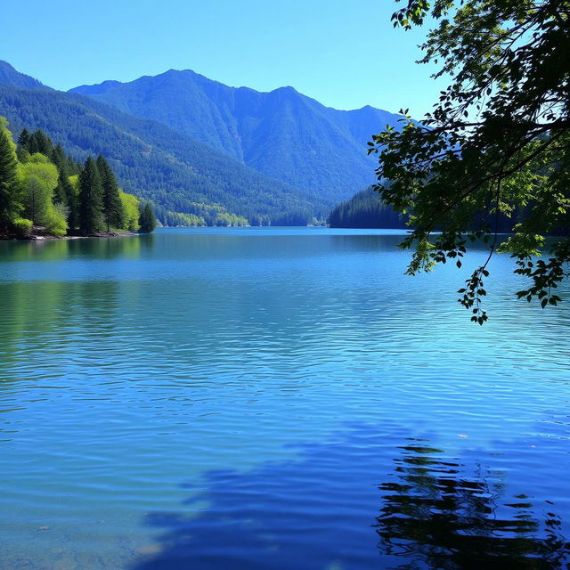 A serene landscape featuring a peaceful lake surrounded by lush green trees and mountains in the background, with a clear blue sky overhead