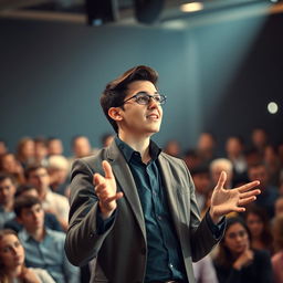 A smart and young person resembling a professional speaker, passionately delivering a motivational speech in an inspiring environment