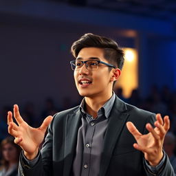 A smart and young person resembling a professional speaker, passionately delivering a motivational speech in an inspiring environment