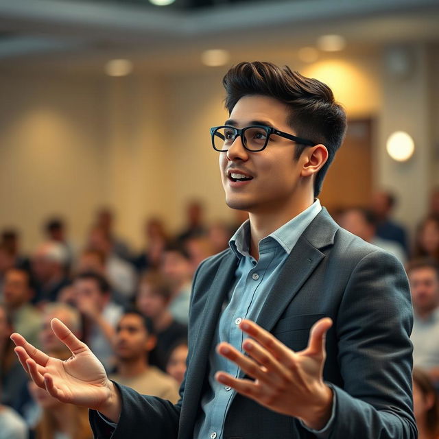 A smart and young person resembling a professional speaker, passionately delivering a motivational speech in an inspiring environment