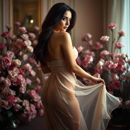 A seductive woman gracefully posing in an elegant, flowing dress that accentuates her curves, creating an alluring silhouette