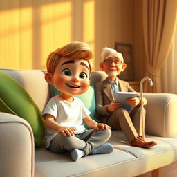 A cozy 3D animated scene featuring Omid, a cheerful 10-year-old boy, sitting on a light gray couch adorned with colorful cushions in green and blue