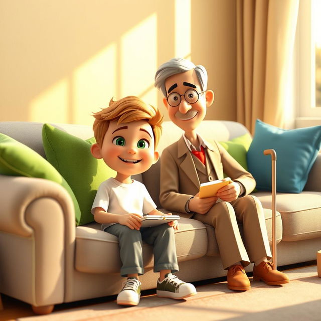 A cozy 3D animated scene featuring Omid, a cheerful 10-year-old boy, sitting on a light gray couch adorned with colorful cushions in green and blue