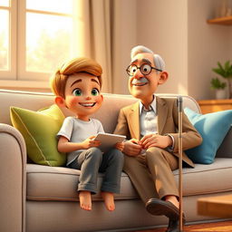 A cozy 3D animated scene featuring Omid, a cheerful 10-year-old boy, sitting on a light gray couch adorned with colorful cushions in green and blue