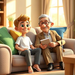 A cozy 3D animated scene featuring Omid, a cheerful 10-year-old boy, sitting on a light gray couch adorned with colorful cushions in green and blue