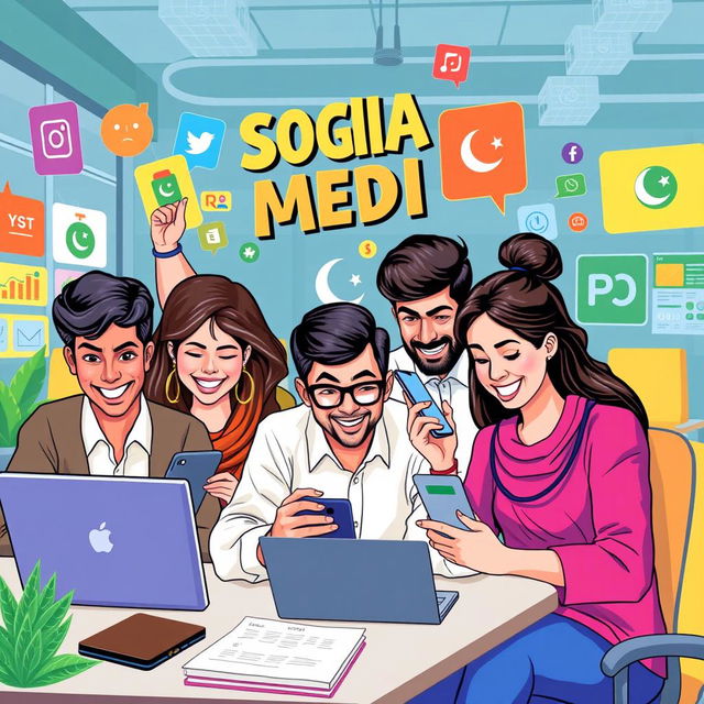 A vibrant and engaging illustration showcasing a group of diverse and enthusiastic social media team members working together