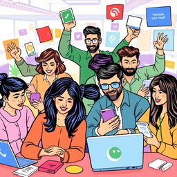 A vibrant and engaging illustration showcasing a group of diverse and enthusiastic social media team members working together