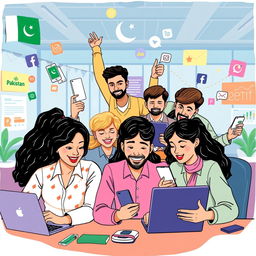 A vibrant and engaging illustration showcasing a group of diverse and enthusiastic social media team members working together