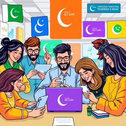 A vibrant and engaging illustration showcasing a group of diverse and enthusiastic social media team members working together