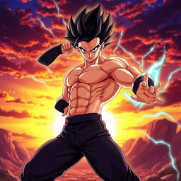A dynamic and powerful depiction of a character resembling a Saiyan warrior, inspired by popular anime styles