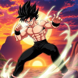 A dynamic and powerful depiction of a character resembling a Saiyan warrior, inspired by popular anime styles