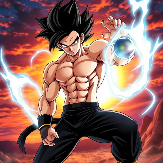 A dynamic and powerful depiction of a character resembling a Saiyan warrior, inspired by popular anime styles