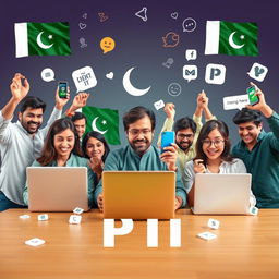 A dynamic and vibrant social media campaign image showcasing the Pakistan Tehreek-e-Insaf (PTI) team led by Imran Khan