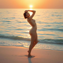 A serene and artistic depiction of a nude figure gracefully posing on a sunlit beach at dawn