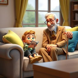 A cozy 3D animated scene featuring a 10-year-old boy named Omid sitting on a light gray couch adorned with colorful cushions in shades of green and blue