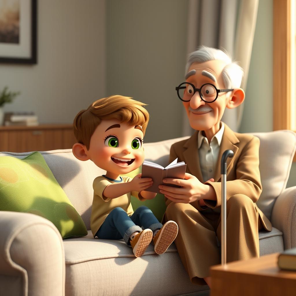 A cozy 3D animated scene featuring a 10-year-old boy named Omid sitting on a light gray couch adorned with colorful cushions in shades of green and blue