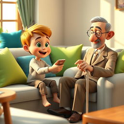 A cozy 3D animated scene featuring a 10-year-old boy named Omid sitting on a light gray couch adorned with colorful cushions in shades of green and blue