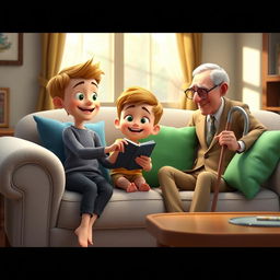 A cozy 3D animated scene featuring a 10-year-old boy named Omid sitting on a light gray couch adorned with colorful cushions in shades of green and blue