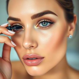 A stunning close-up of a glamorous woman applying mascara, her eyelashes long and voluminous