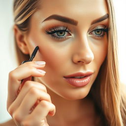 A stunning close-up of a glamorous woman applying mascara, her eyelashes long and voluminous