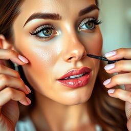 A stunning close-up of a glamorous woman applying mascara, her eyelashes long and voluminous